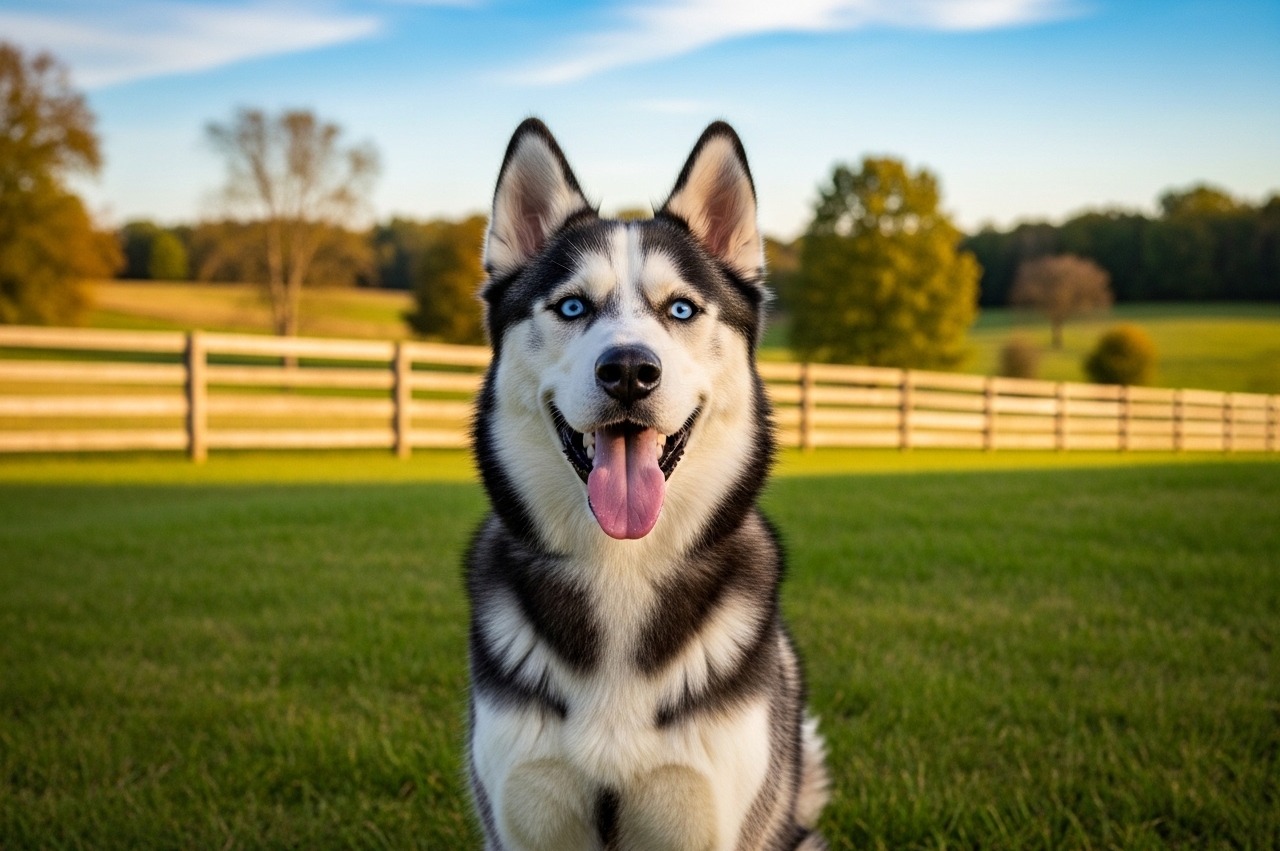 Happy Siberian Husky with blue eyes sitting on grass - pet insurance guide